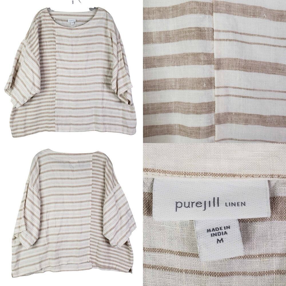 Pure Jill Tunic Top Linen Women’s Size Medium M Striped Tan White Boxy
